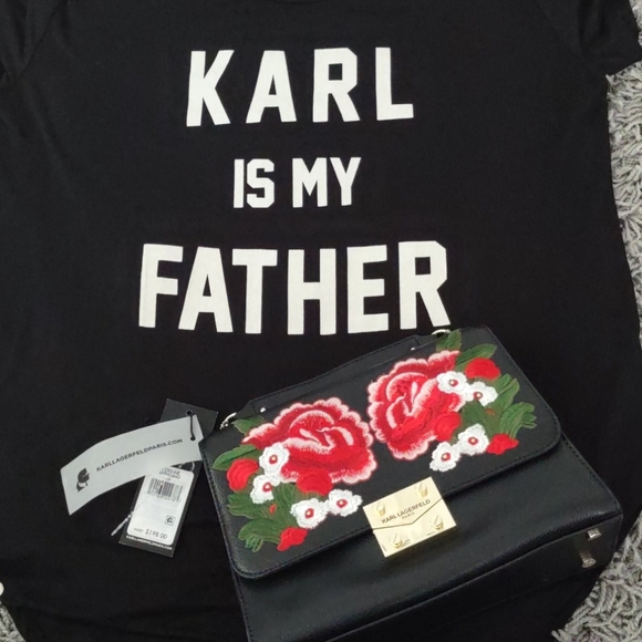 Karl Lagerfeld Black Floral PURSE Handbag Corinne embroidered satchel red white